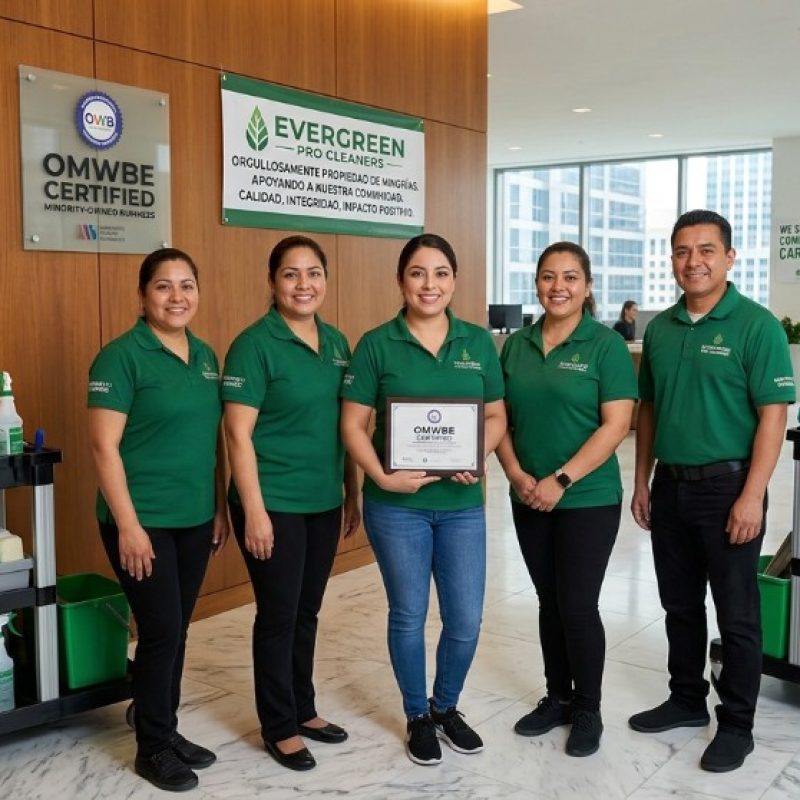 Evergreen Pro Cleaners team with OMWBE certification and Google Guaranteed signs